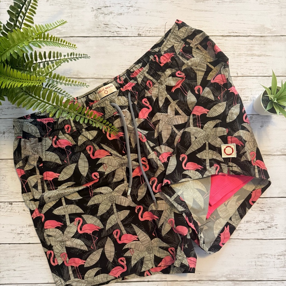 Public Beach - Flamingo & Palm Leaf Swim Trunks - Pink Compression Liner – XL
